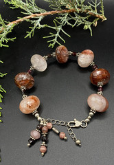 Artisan sterling pink, dark rose rutilated quartz, garnet beaded bracelet – 7.5″
