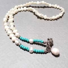 White Freshwater Pearl and Turquoise Beaded Necklace Mermaid Charm
