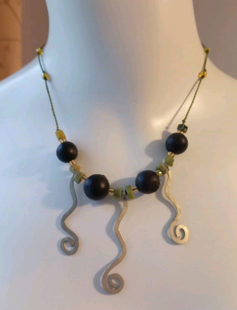 Vintage Boho BeadedCordNecklace W/ Metal Scroll Design Drops&Unikite,Glass Beads