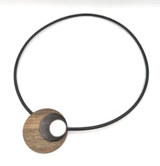 Modernist Artist Made Wood Mother Of Pearl Vinyl Cord Necklace Magnetic Clasp