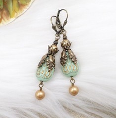 Antique Brass Victorian Style Earrings, Mint Green and Gold Acrylic Bead Jewelry