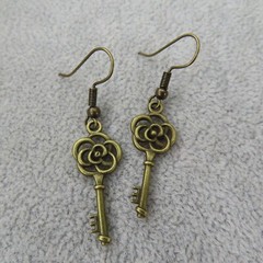 Pemby Studio STEAMPUNK Flower Key Charms Dangle Earrings Antique Bronze Tone New