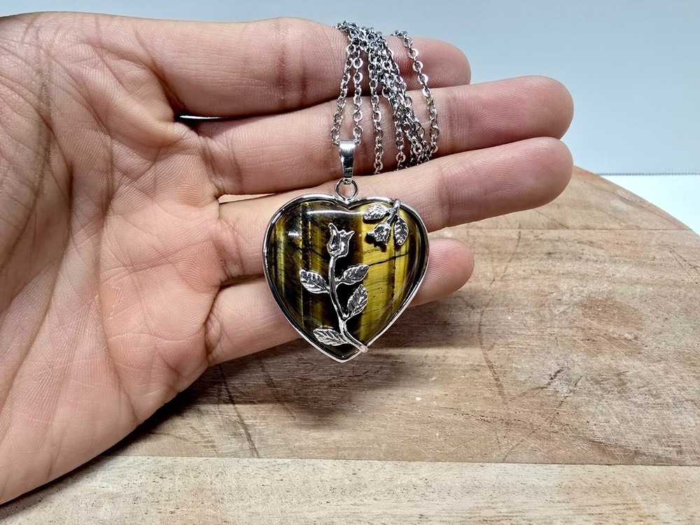 Tiger Eye Heart Necklace Natural Crystal Healing Gemstone Pendant Jewelry