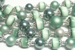 VTG 5 Strand Shades of Green Cats Eye- Faux Pearl Graduated Bead Necklace-Japan