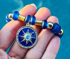 Blue and Gold Sunburst Bracelet with Jeweled Charm