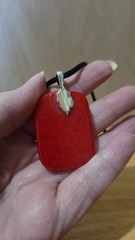 Vibrant Red and White Striped Fused Glass Rectangular Pendant Necklace on Black