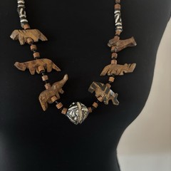 Vintage African Hand Carved Wooden Safari Jungle Animals Beaded Tribal Necklace