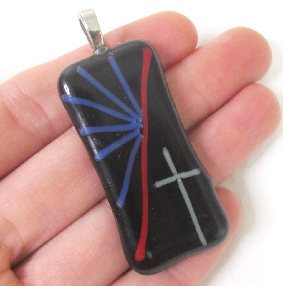 Studio Art Glass Pendant Sunrise Christian Cross Black Rectangle Artisan 2″ long