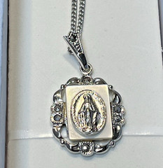 Vintage Sterling Silver Theda IJM Co Virgin Mary on MOP Religious Necklace