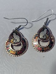 Handmade Dangle Copper Earrings With Beautiful White Cat Detail- 1.75 in