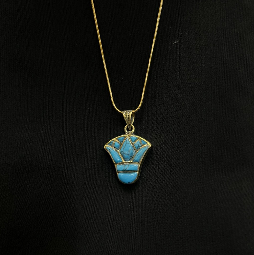 Turquoise Lotus Brass Necklace Egyptian Flower Pendant Minimal Gift