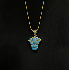 Turquoise Lotus Brass Necklace Egyptian Flower Pendant Minimal Gift