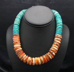 Spiny Oyster & Turquoise Graduated Sterling Silver Necklace 17″ 03004