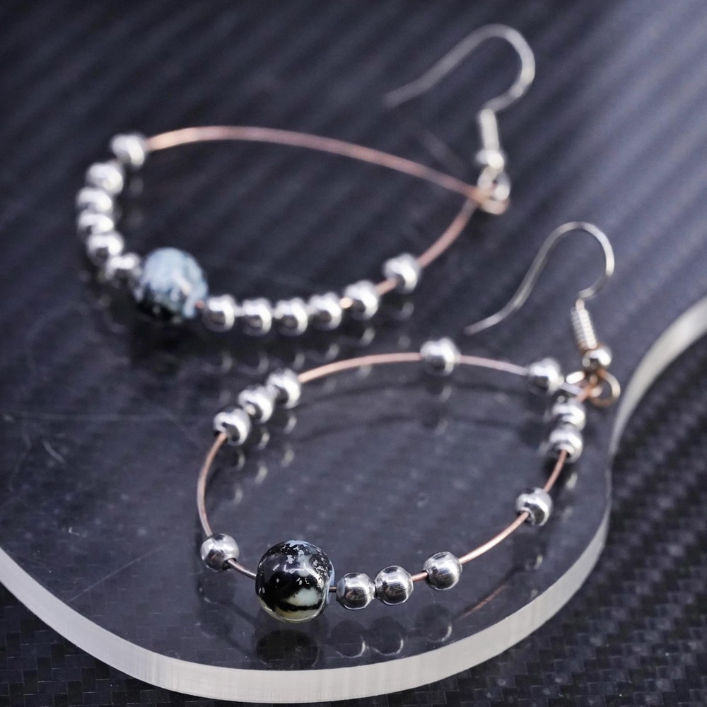 Vintage sterling silver 925 handmade teardrop earrings with snowflake obsidian