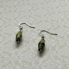 Handmade Green and Brown Paper Bead Sterling Silver Dangle Earrings