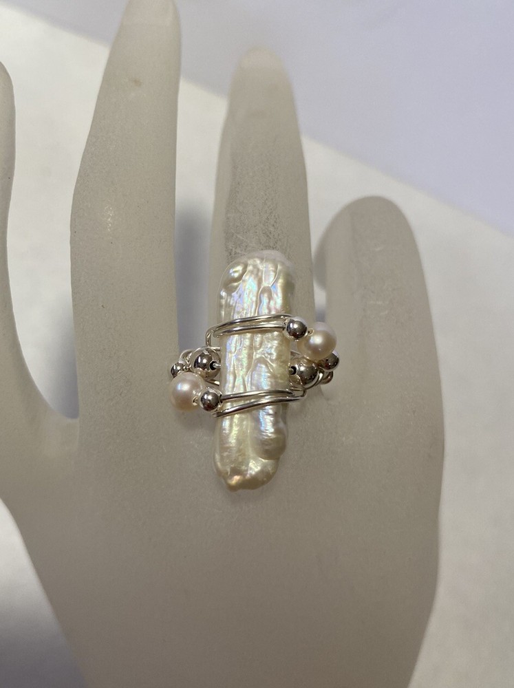 Handmade White Freshwater Stick Pearl Ring In Sterling Silver Size 7 3/4
