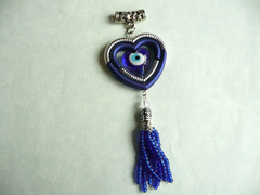 RHODIUM SILVER BLUE EVIL EYE HEART ROTATE LUCKY PENDANT W/ BEADS TASSEL