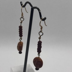 Moon Face Long Dangle Earrings Brown Clay Bead Boho Artisan Jewelry