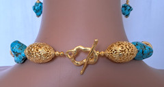 Turquoise Nugget Gold Filigree Beaded Statement Necklace Earring Set 181 Grams