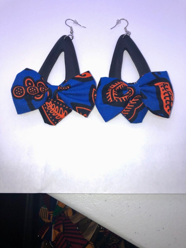 BRAND NEW Blu/Org African Print Fabric Earrings Handmade Original Wooden Jewelry