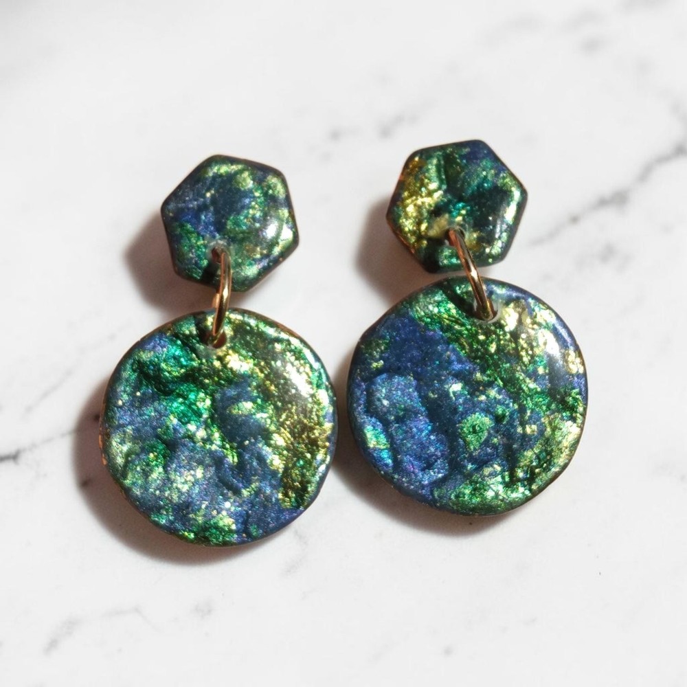 Handcrafted Polymer Clay Resin Gold Dangle Stud Earrings Blue Green