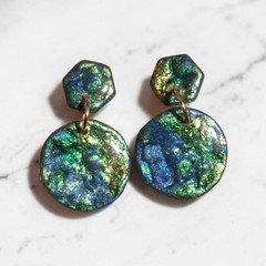 Handcrafted Polymer Clay Resin Gold Dangle Stud Earrings Blue Green