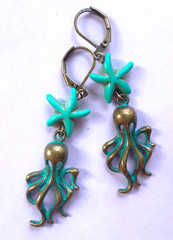 BLUE PATINA OCTOPUS shape HOWLITE earring BRONZE LEVER BACK handcrafted ACTA