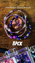 Handmade Bohemian Glass Beaded Bracelet Set, 3 Pack, Stackable, Purple/Pink/Blue
