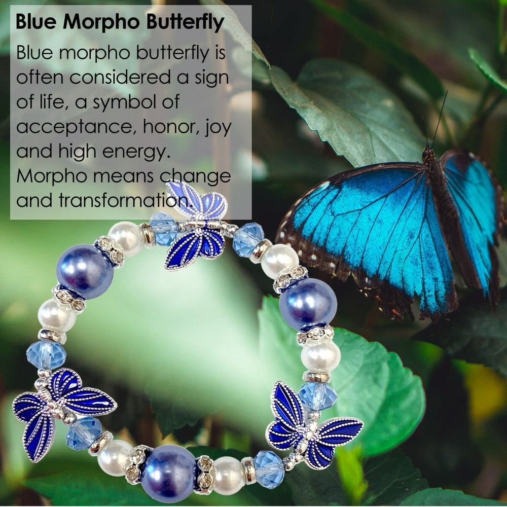Butterfly Bracelet Woman Stretch Charm Glass Beaded Bracelet Blue Morpho