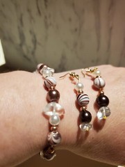 Handmade Gold Earrings And Bracelet Brown Beads, Gems And White Very Pretty