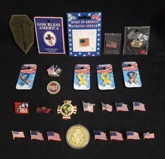 Vtg Lot Of 25 Patriotic Pins, Challenge Coin & Badge – Troops Veterans Navy Army