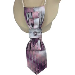 Artisan Vintage Silk Tie Pendant Pearl Beaded Necklace Silver Pink Jewel Accent