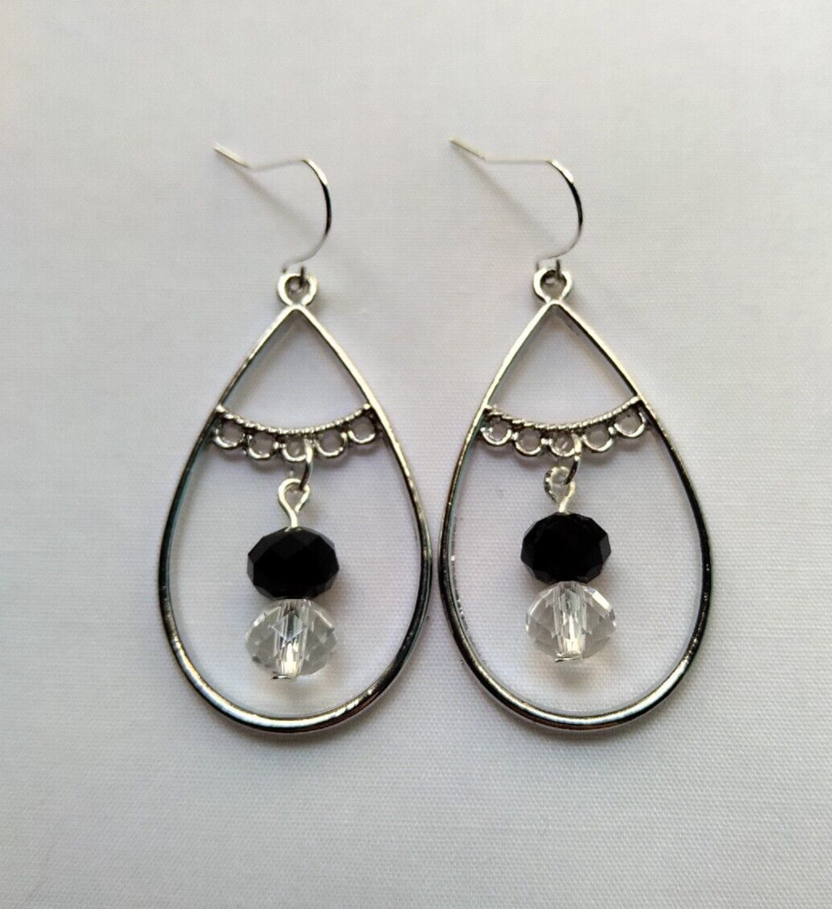 Black Clear Crystal Glass Beaded Teardrop Hoop Earrings Handmade Silver Tone