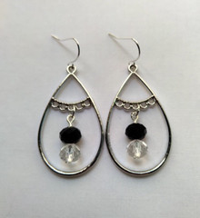 Black Clear Crystal Glass Beaded Teardrop Hoop Earrings Handmade Silver Tone