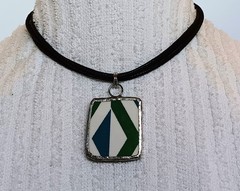 Handmade Broken Pottery Pendant Necklace on Black Cord 14-17 in
