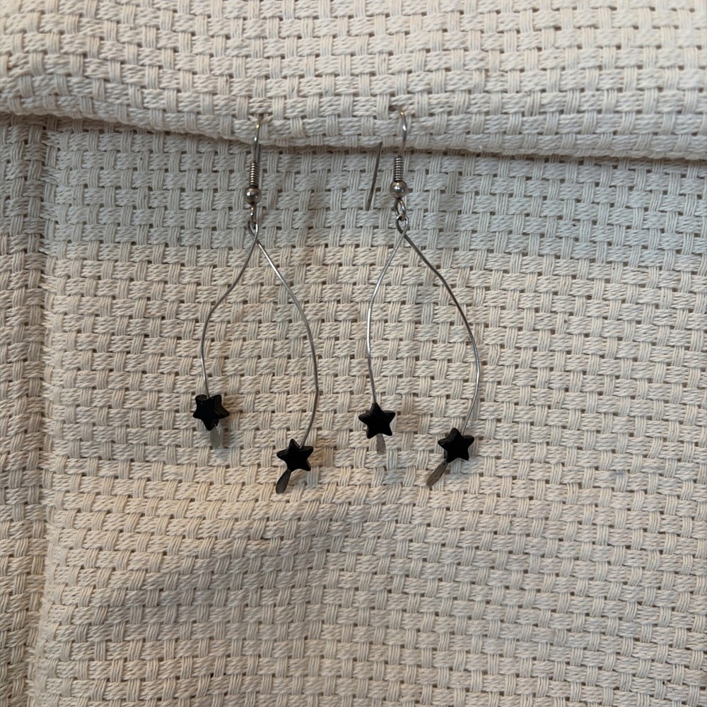 Woman’s Sterling Silver Dangle Earrings With Black Star Beaded Meas2.5 Inches