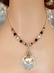 Vintage Unique S. Silver Carved Pendant In A Black And Red Design