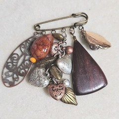 Artisan Made Safety Pin Brooch Fall Vibes Copper Brown Metal Wood