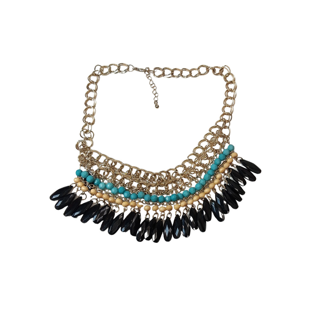 Boho Turquoise Black Fringe Bib Necklace 16″ Women’s Bohemian Statement Jewelry