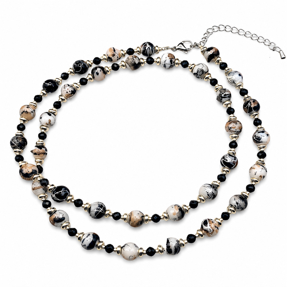 Black Spinel Necklace Porcelain Beads Handmade Stainless Steel Adjustable Women