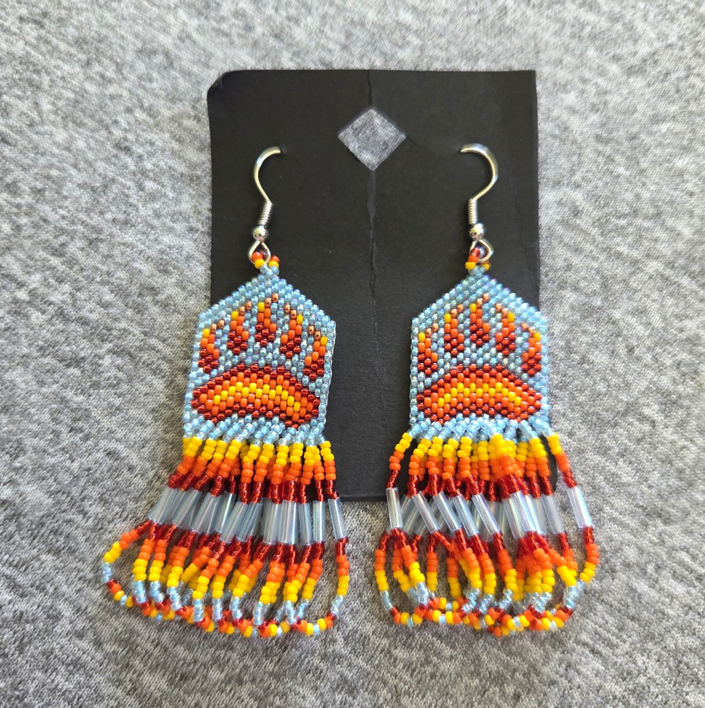 Prison Native-made Bear Paw Beaded Dangle/Drop Hook Earrings Fire Colors Blue