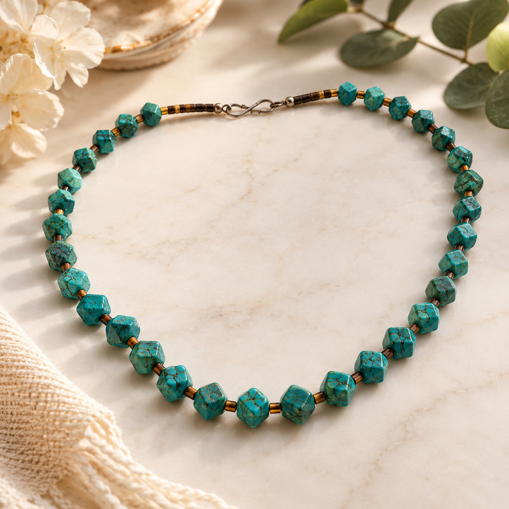 Artisan Turquoise Look Cube Bead Necklace Brown Shell Heishi Beads 24 In Boho
