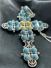 Himalayan Gems Cross Pendant, Turquoise & Butterscotch Amber, 18″ Chain 925