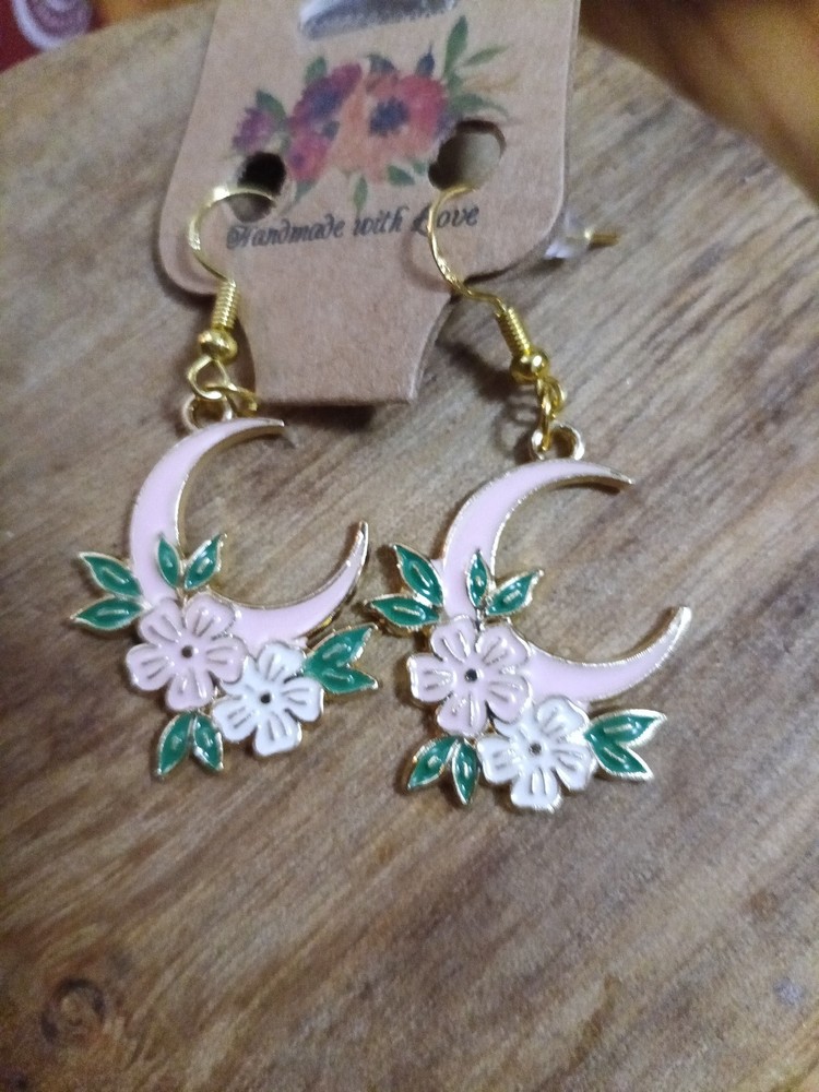 Handmade Pink Crescent Moon Cottage Core Vibe Stamped 925 14kt Plated