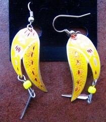 Yellow Silver Copper & Enamel Earrings Etched Floral Abstract Design Dangle Boho