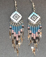 Southwest Design Dangle Earrings Round Shape with Beads in Blue, Black and Gold