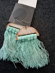 Handcrafted Macrame Fringe Tassel Dangle Hook Earrings Cotton Wood Blue Beige