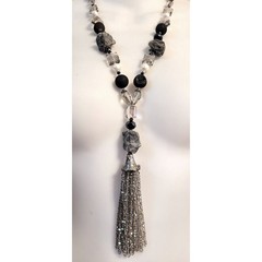 Mica Stone AB Crystal Glass Beaded Fringe Necklace Magnetic Clasp Gray Boho