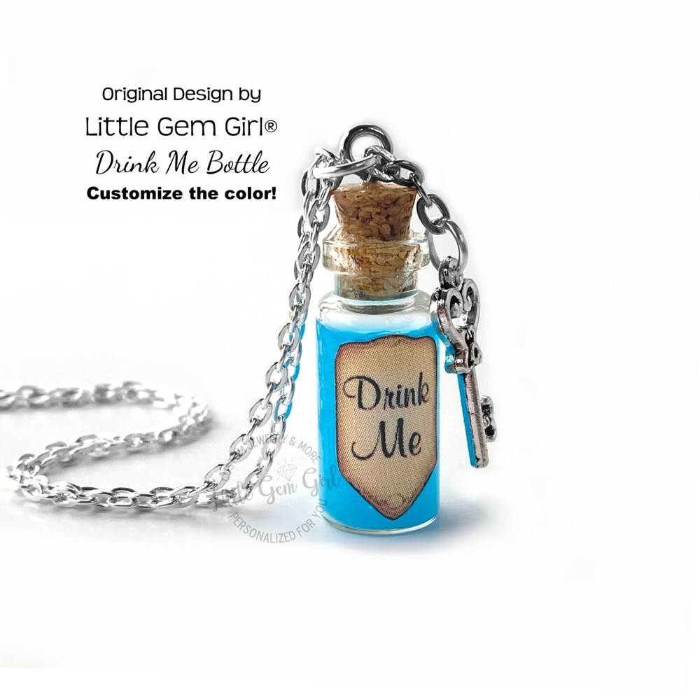 Drink Me Alice in Wonderland Mini Glass Bottle Necklace Charm Shimmer Liquid