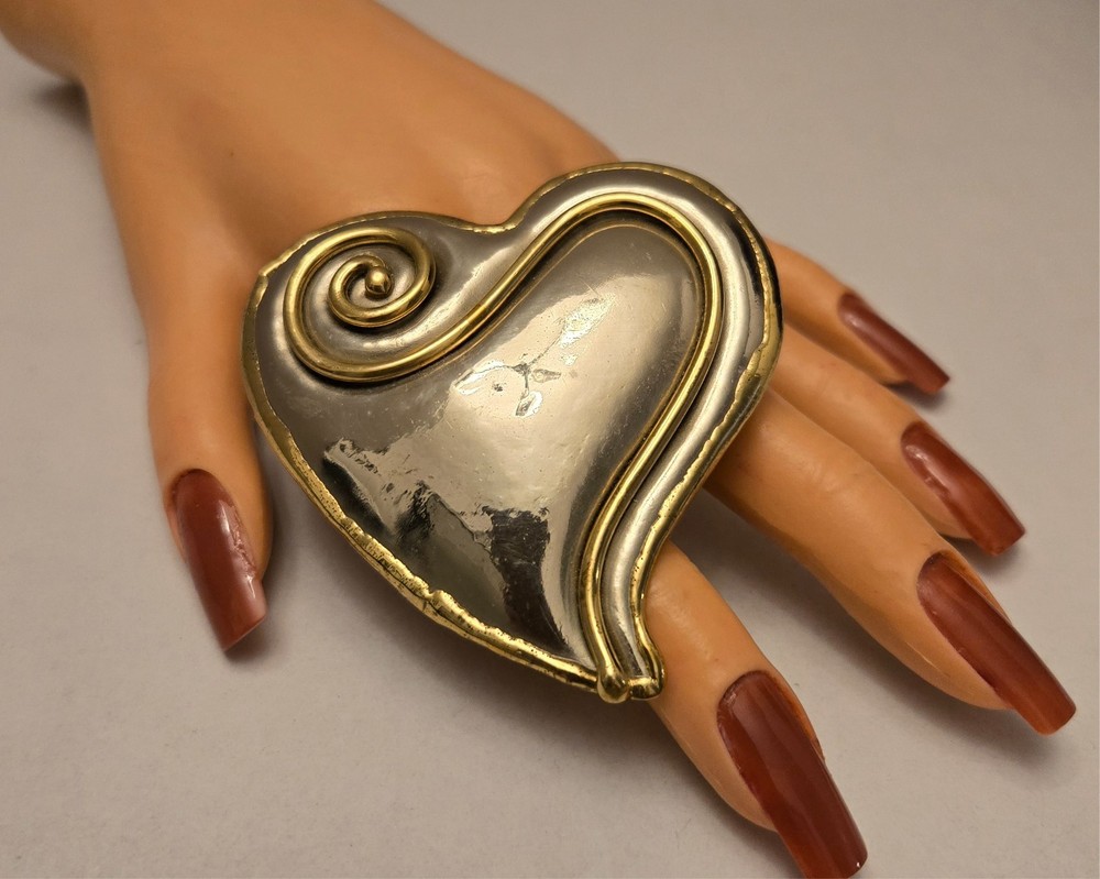 Classic 1980s Large Handcrafted Brass & Mixed Metal Heart Brooch/Pendant
